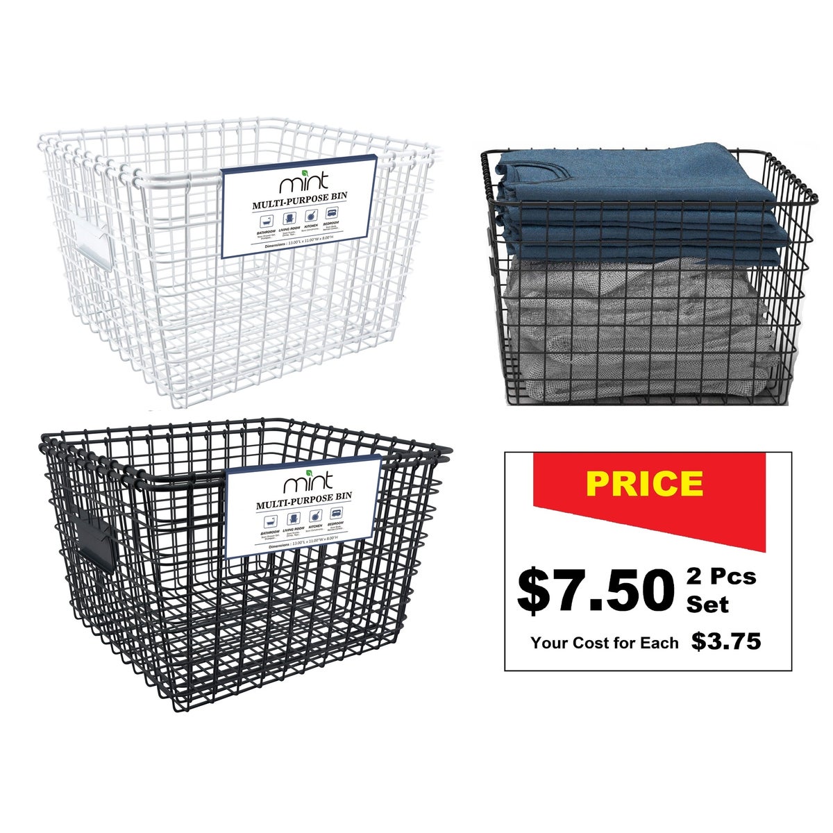 Black/White - Set of 2 Large Nesting Storage Baskets (6sets)