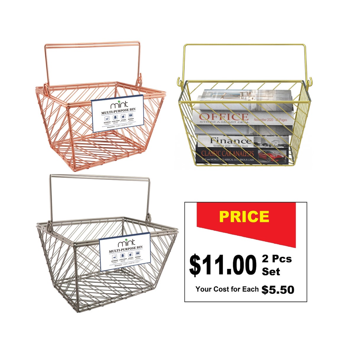 Assorted - Set of 2 Medium Storage Baskets with Handle (6sets)