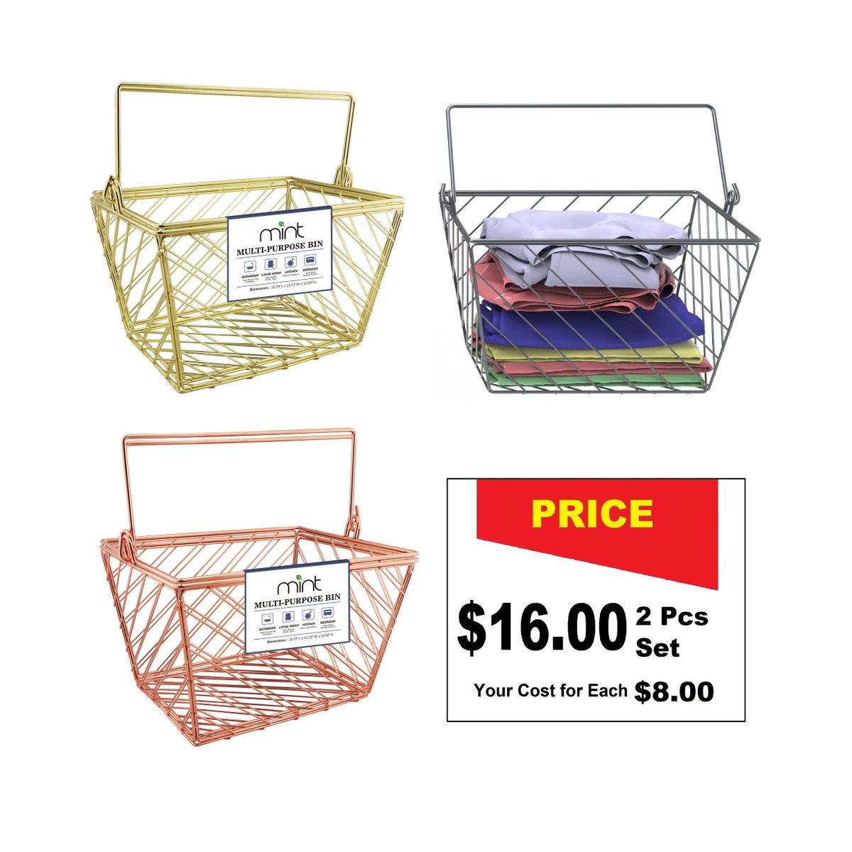 Assorted - Set of 2 Large Storage Baskets with Handle (6sets)