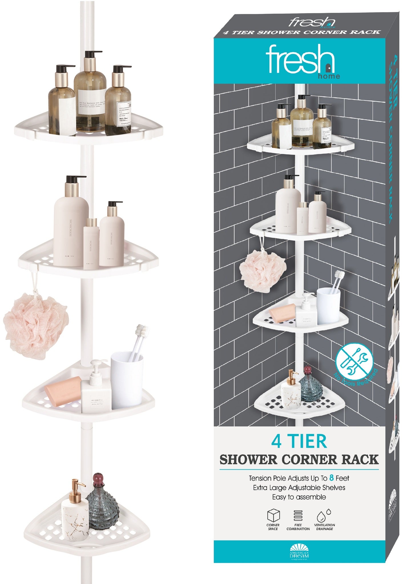 Dracelo Sliver Shower Caddy Corner, 4 Tier Shower Organizer, Large Shower Storage and Shower Caddy Tension Pole