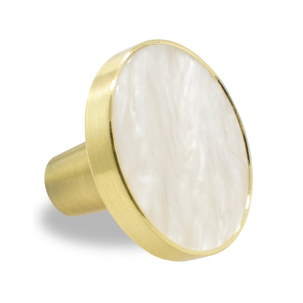6PC - 30MM Crema Pearl Stone Knob Pull Handles w/ Brushed Gold Finish (12 Set)