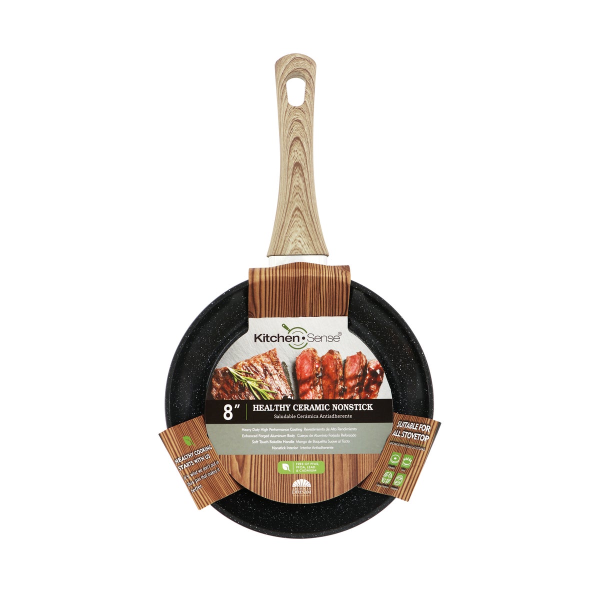 8" Black and Grey Ceramic Granite Skillet with Wooden Decal Handle (10)