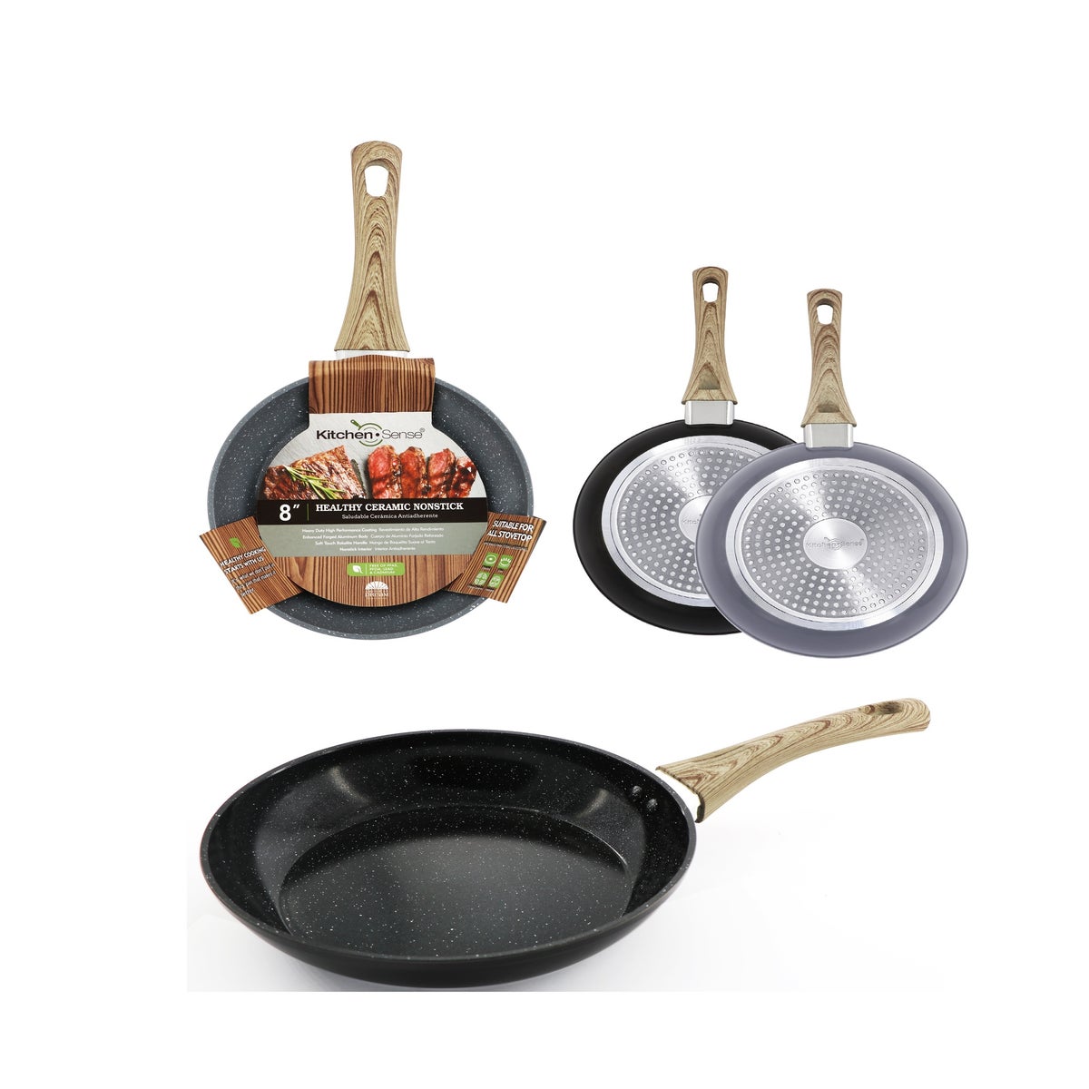8 Black and Grey Ceramic Granite Skillet with Wooden Decal Handle