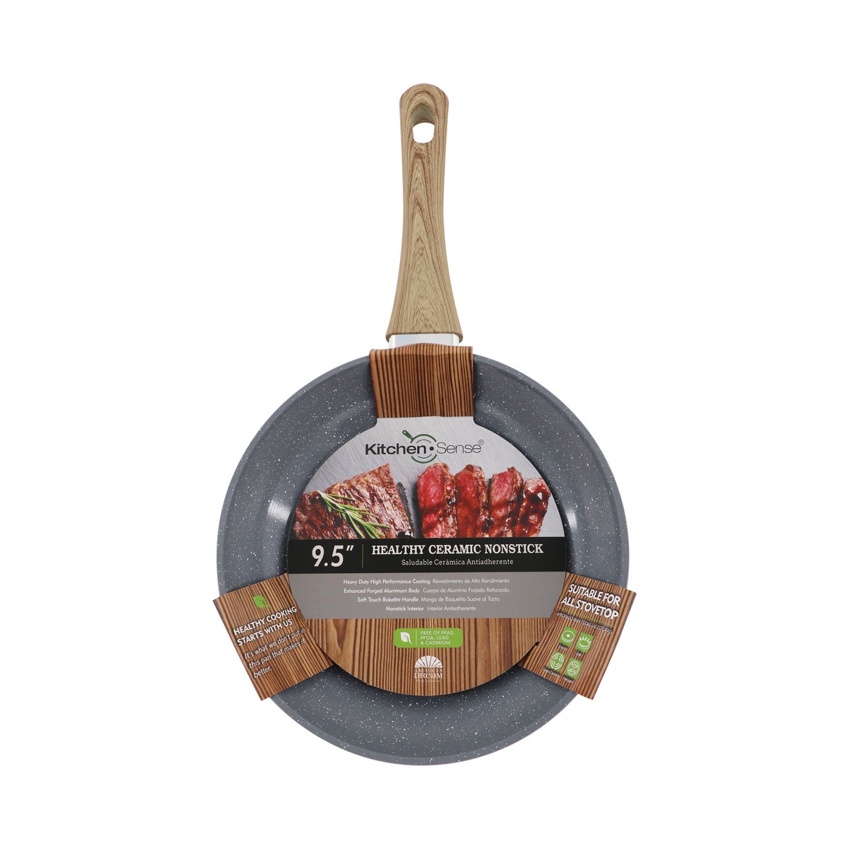 9.5" Black and Grey Ceramic Granite Skillet with Wooden Decal Handle (10)