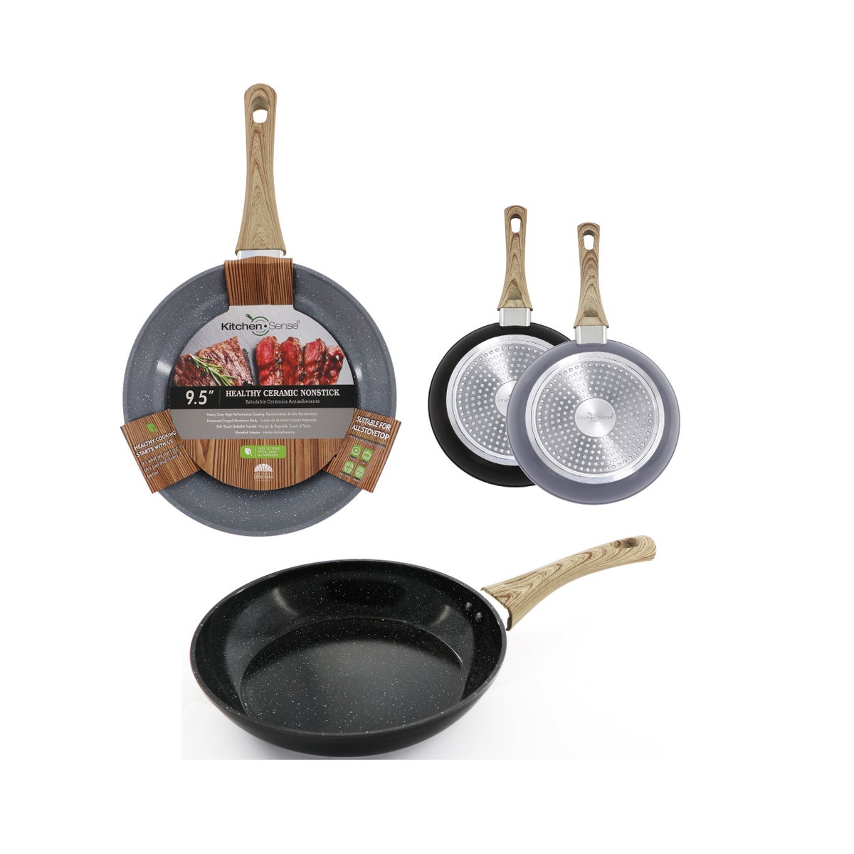 9.5" Black and Grey Ceramic Granite Skillet with Wooden Decal Handle (10)