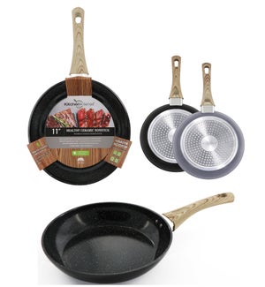 11" Black and Grey Ceramic Granite Skillet with Wooden Decal Handle (10)