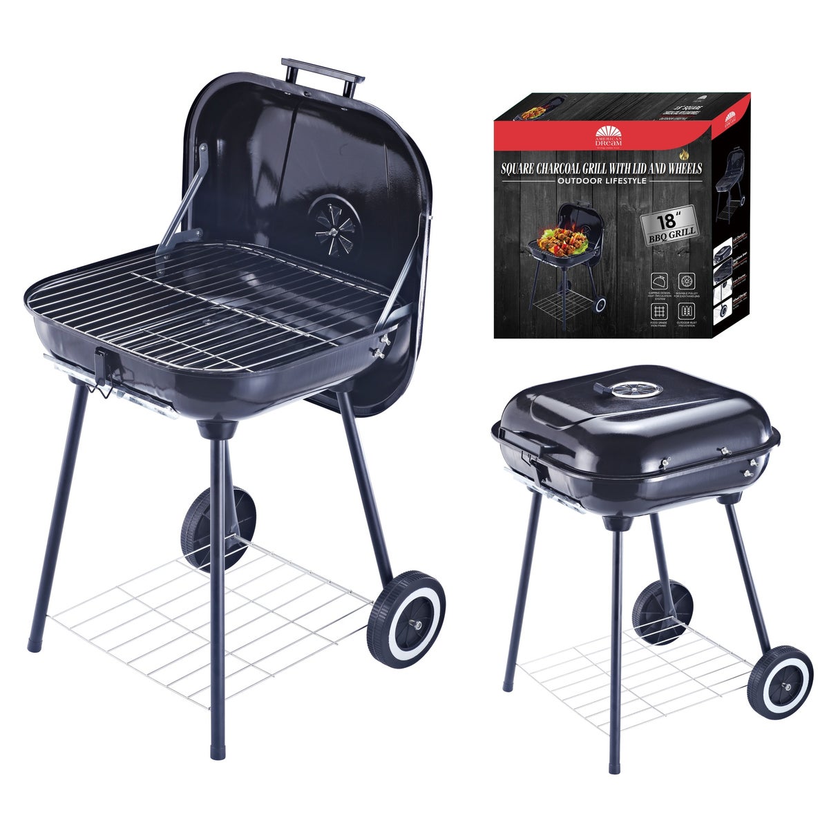 18" X 18" SQ Charcoal Grill with Lid and wheels (1)