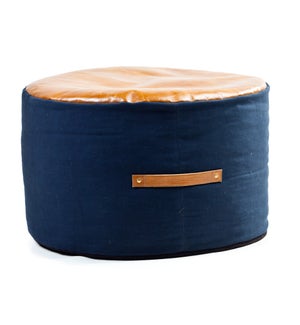 Cotton Navy Pouf with Leather Gold Top and Handle