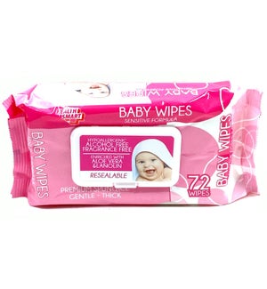 BABY WIPES: 72 CT IN BAG W/LID, PINK #01957 (PK 24)