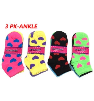 SOCKS: 3 PK ANKLE, LADIES/GIRLS, HEARTS #643 (PK 12)