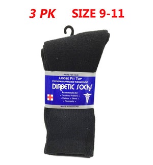 DIABETIC SOCKS: 3 PK, SIZE 9-11, BLACK (PK 12)