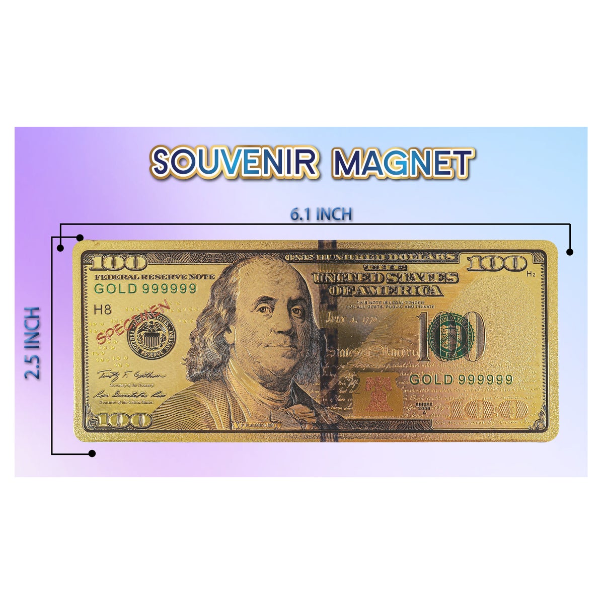 MAGNETS: GOLD $100 BILL, 6.25"x2.5" #MG9008G (PK 12)