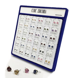 EARRINGS: COLOR STONE, CUBIC ZIRCONIA,  ASST. SIZES, 36 PC IN DISPLAY
