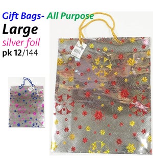 GIFT BAG: SILVER FOIL W/FLOWER PRINTS, 10.25" X 12.5" X 4", LARGE #P-6067