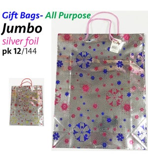 GIFT BAG: SILVER FOIL W/FLOWER PRINTS, 11.5" X 14.5" X 4", JUMBO #P-6066
