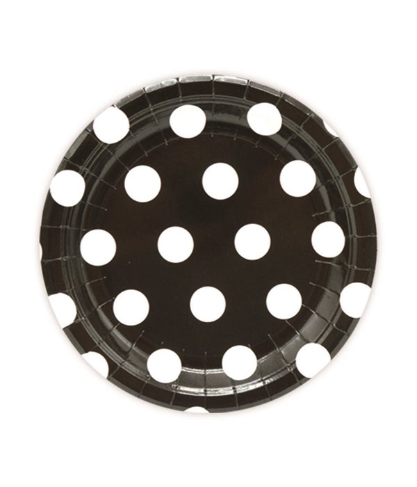 7"/8ct pp plate black 24/144s polka dot