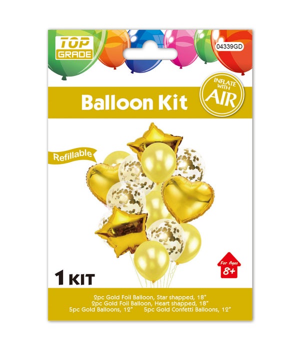 14pc balloon set gold 12/300s 18"/4pc foil heart+star 12"/10