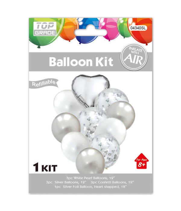 10pc balloon set silver 12/300 18"/1pc foil balloon heart 12