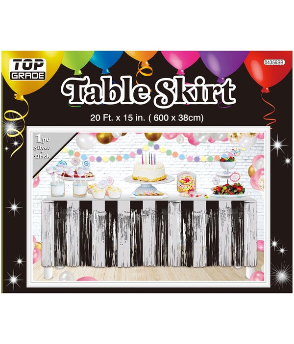 foil tinsel table skirt 24/144 silver+black 20ftx15"h