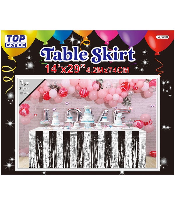 foil tinsel table skirt 24/144 silver+black 14ftx29"h