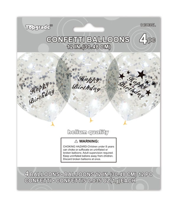 12"/4ct b'day balloon 12/240s w/silver confetti