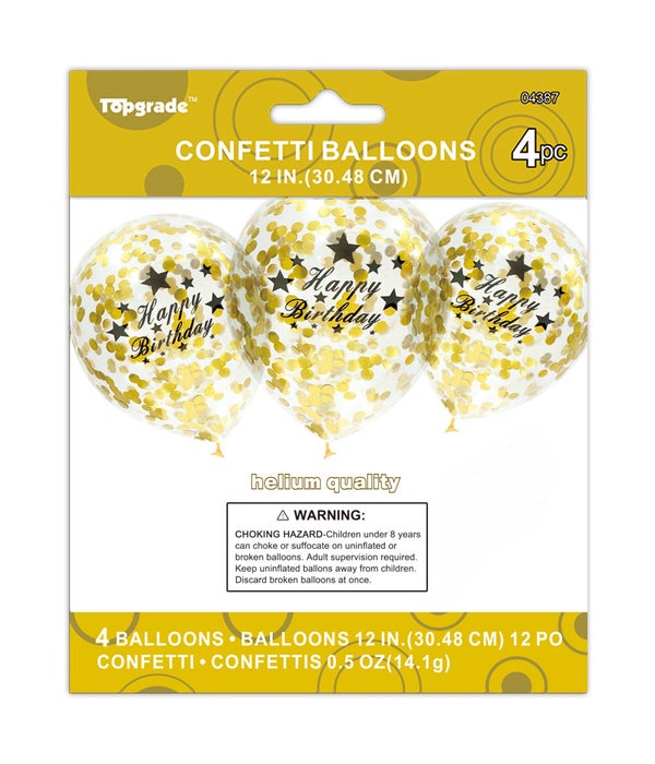 12"/4ct b'day balloon 12/240s w/gold confetti