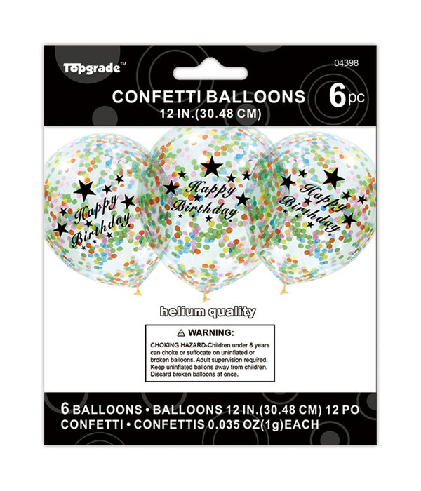 12"/6ct b'day balloon 12/240s w/colorful confetti