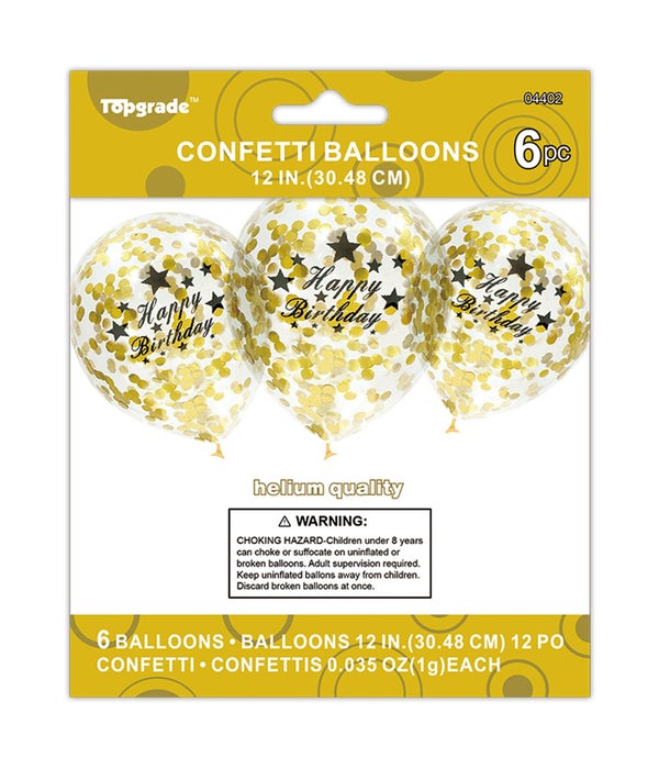 12"/6ct b'day balloon 12/240s w/gold confetti