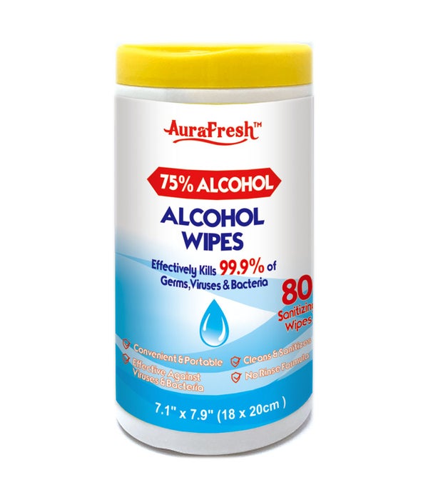 75% alcohol wipes 80ct/12s 7x8"(18x20cm) in container