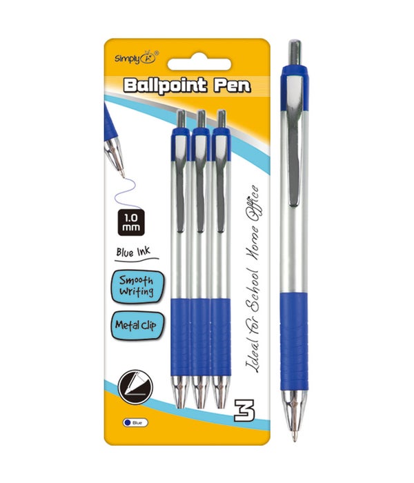 3ct retractable 24/144s ballpoint pen blue w/grip