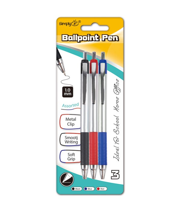 3ct retractable ballpoint pen astd clr w/grip 24/144s