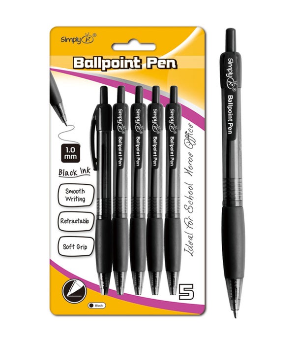 5ct retractable 24/144s ballpoint pen blk w/grip 1.0m