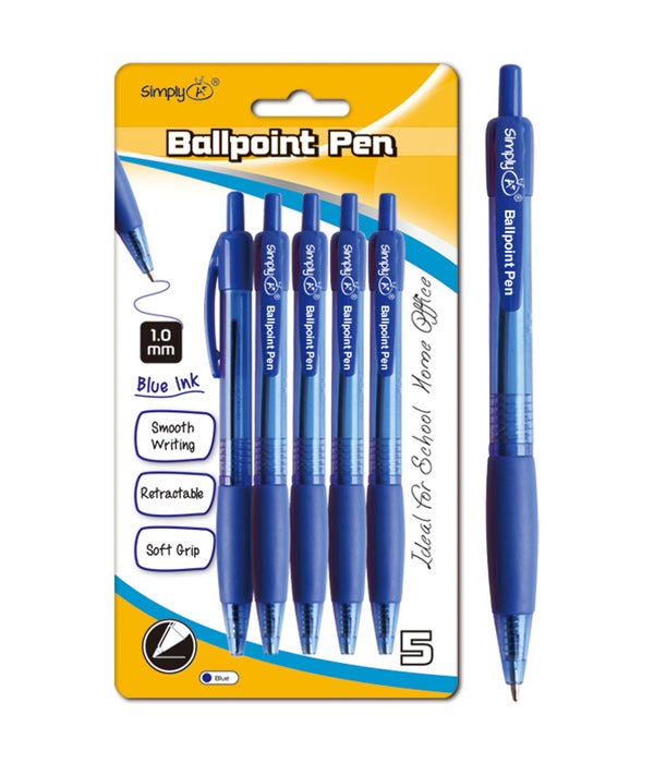 5ct retractable ballpoint pen blue w/grip 1.0mm 24/144s