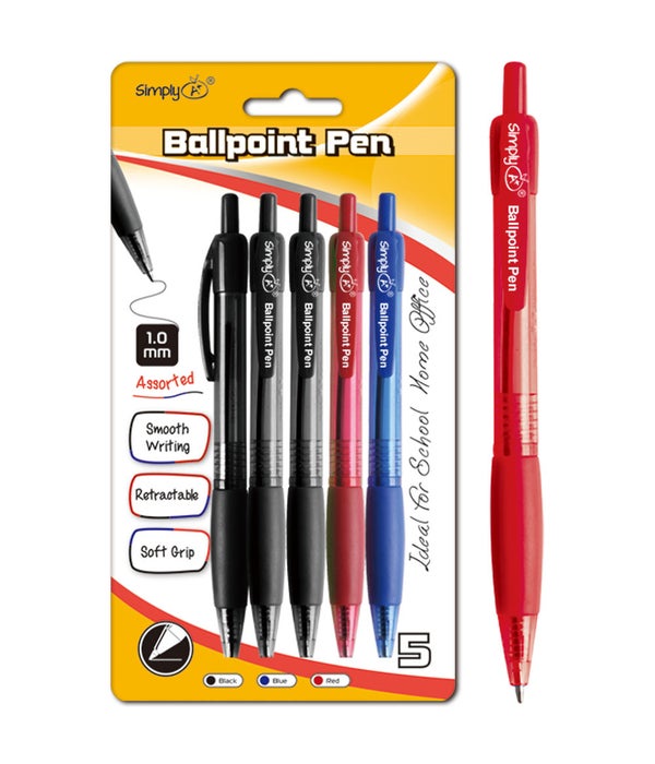 5ct retractable ballpoint pen red blk blue w/grip 24/144s