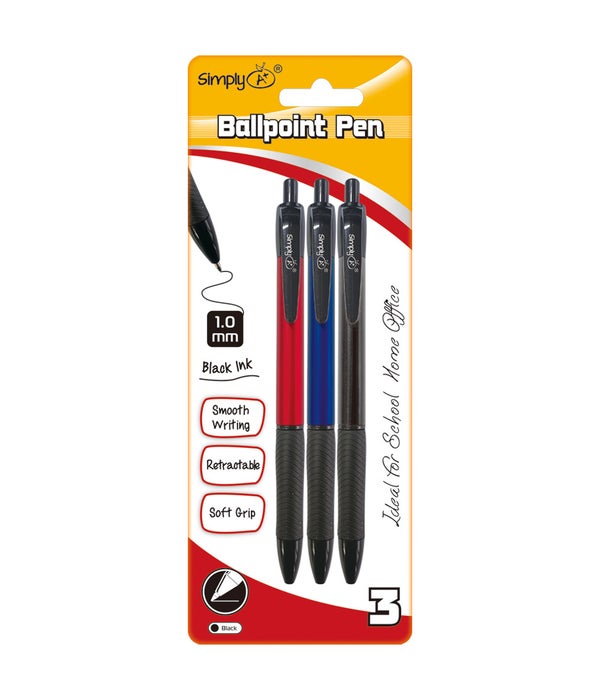 3ct retractable ballpoint pen red blk blue w/grip 24/144s