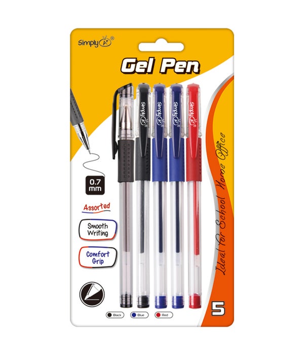5ct gel ink pen 0.7mm red blue blk w/soft grip 24/144s