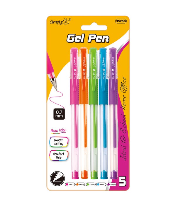 5ct neon gel ink pen 24/144s 0.7mm astd clrs w/soft grip