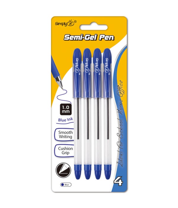 4ct/1.0mm semi-gel pen blue w/grip 24/144s