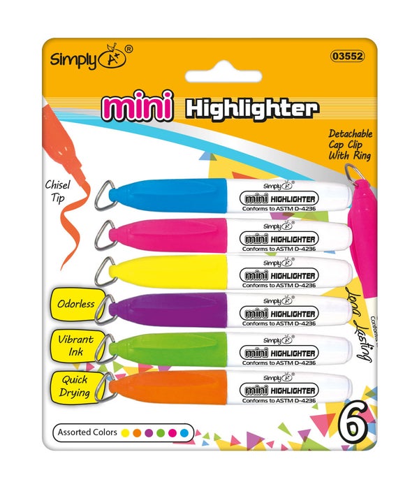 6ct mini highlighter markers w/clips 24/144s