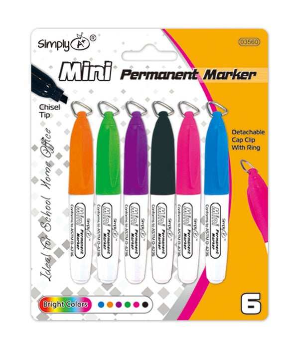 6pc mini permanent markers w/clips 24/144s