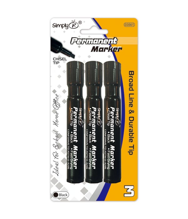 3pc permanent markers 24/144s chisel tip black