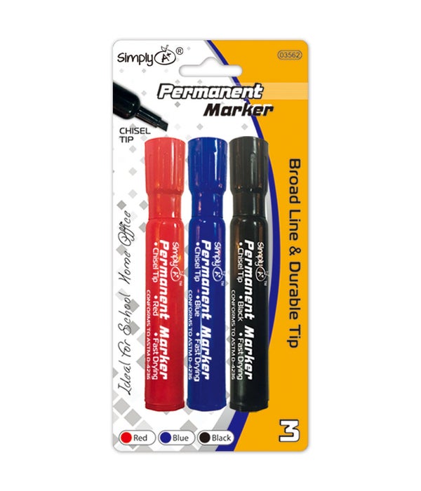 3pc permanent markers 24/144s chisel tip red blue bla