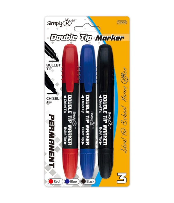 3pcs permanent markers 24/144s double tip astd clrs