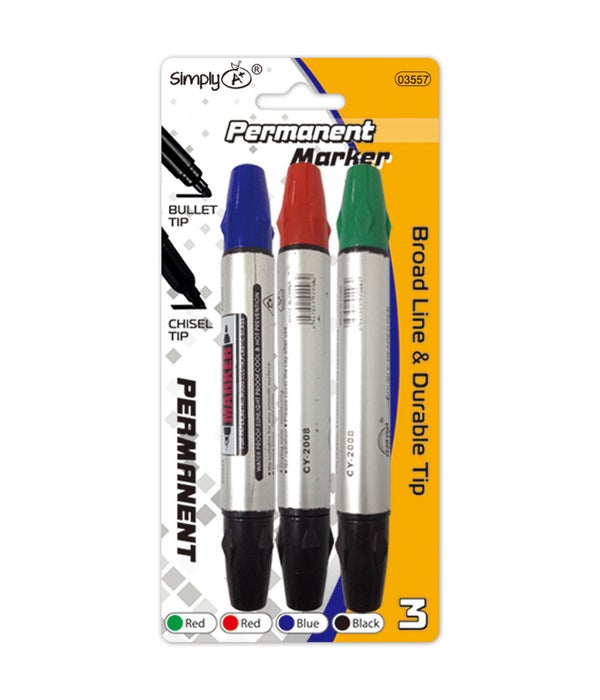 3pc permanent marker dual tip red blue black 24/144s