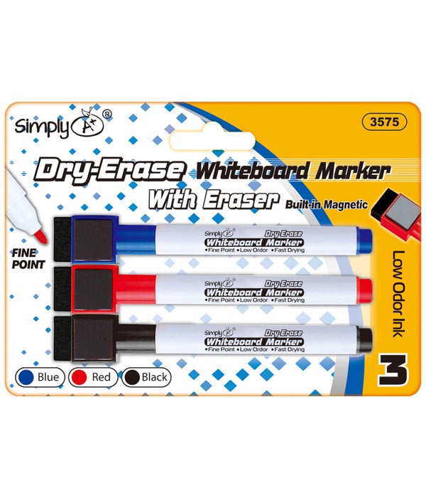 3pc dry-erase whiteboard marker with eraser astd clrs 24/144