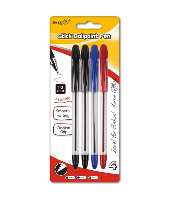4ct/1.0mm stick ballpoint pen red blue black 24/144s