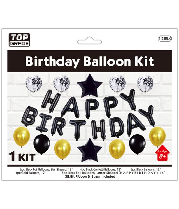 balloon kit "b'day" blk 6/120s 17"/13ct banner+16.4ft ribbon