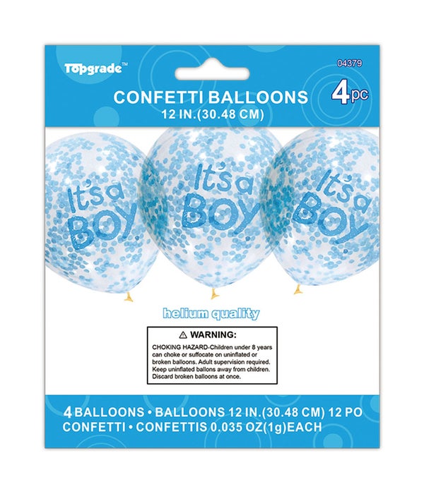 12"/4ct balloon "boy" 12/240s w/blue confetti