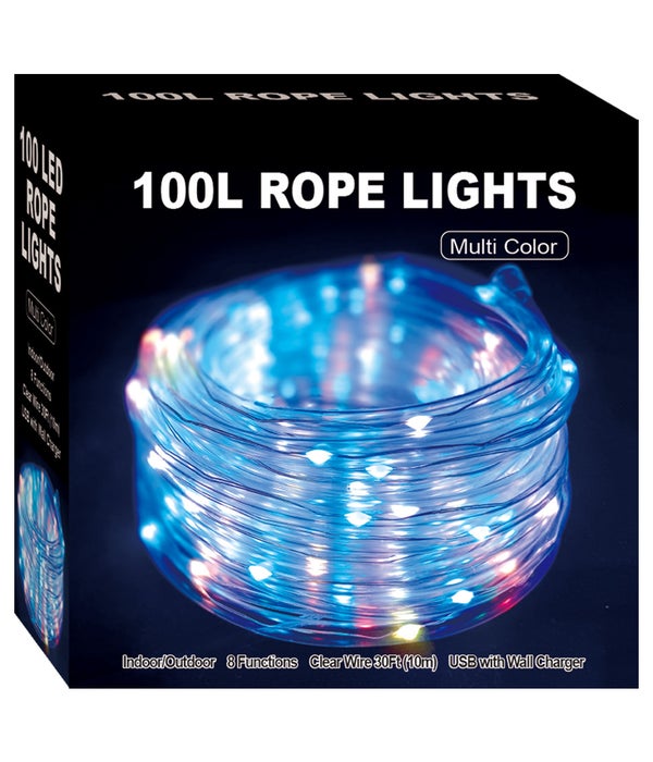100L/33FT rope light USB 12s 8-functions w/wall charger