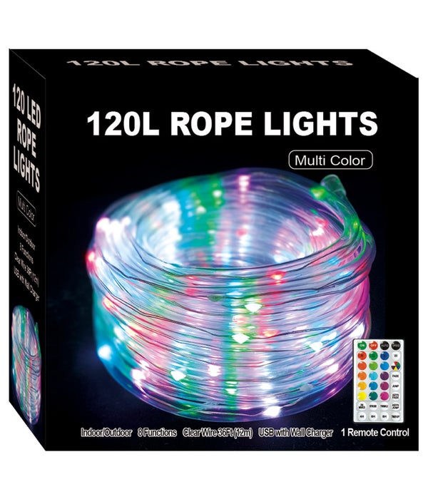 120L/40FT rope light USB 12s 8-functions w/wall charger W/re